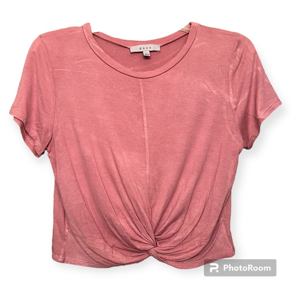 Gaze Short Sleeve Front Knot Crop Top in Pink